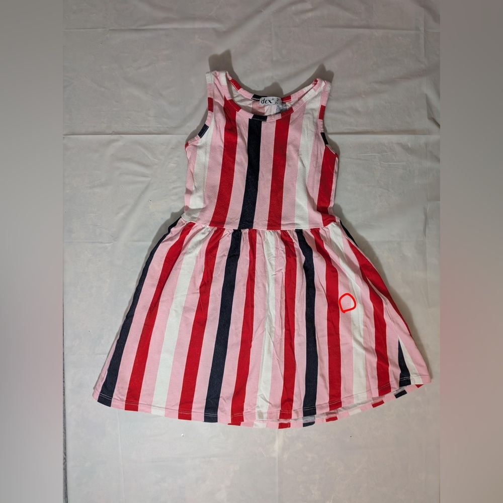 sleeveless children's dress with pink, red, white, navy blue stripes. Size  5